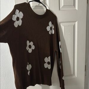 Brown Crew Neck Floral Sweater